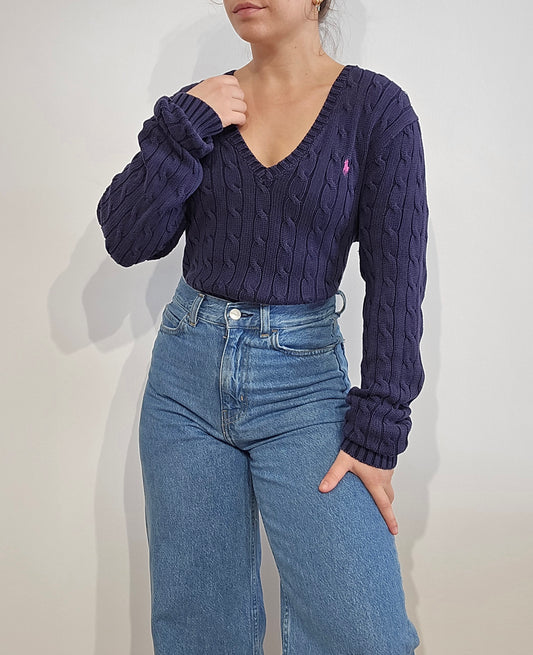 Pull en maille torsadée marine col bateau - L
