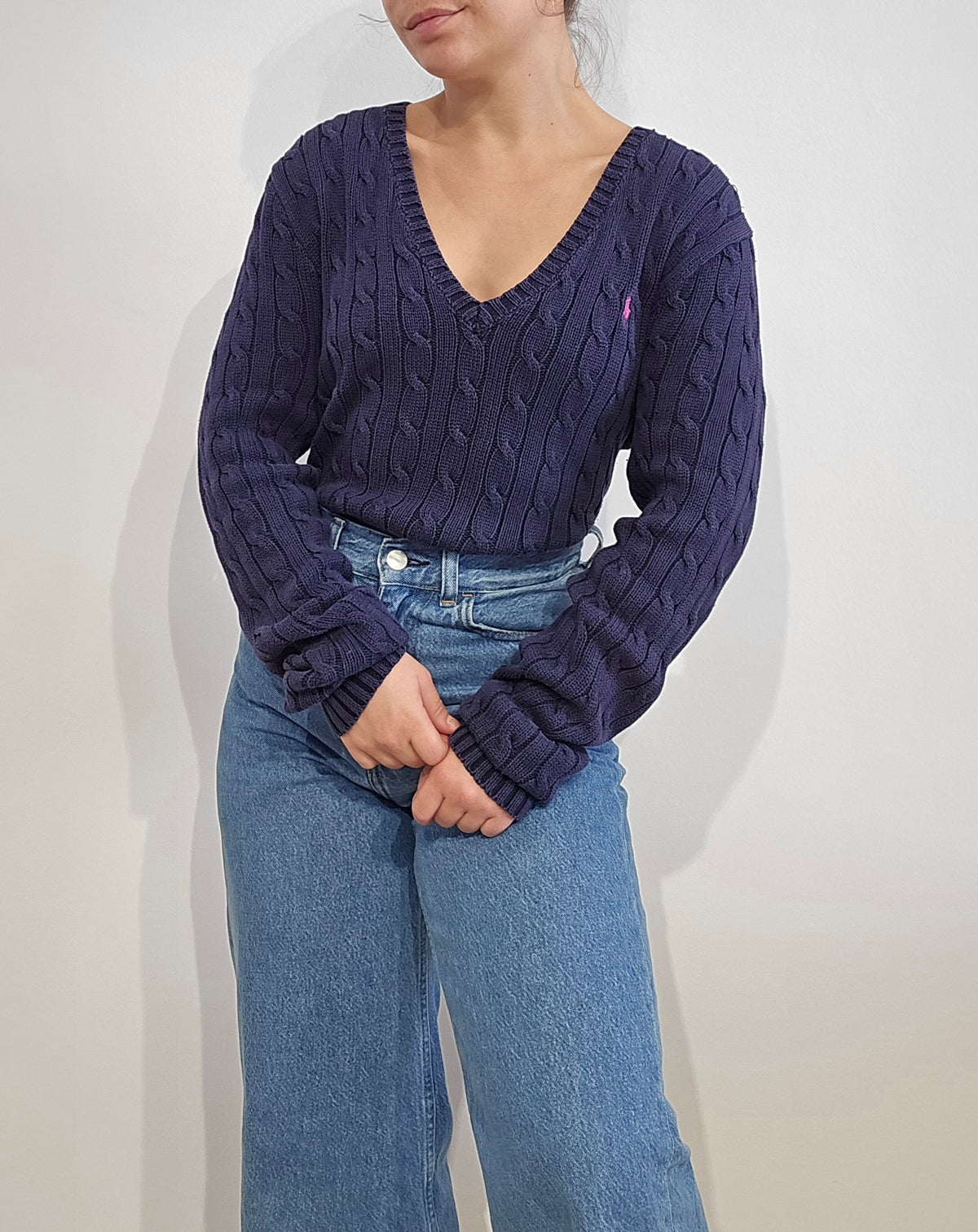 Pull en maille torsadée marine col bateau - L