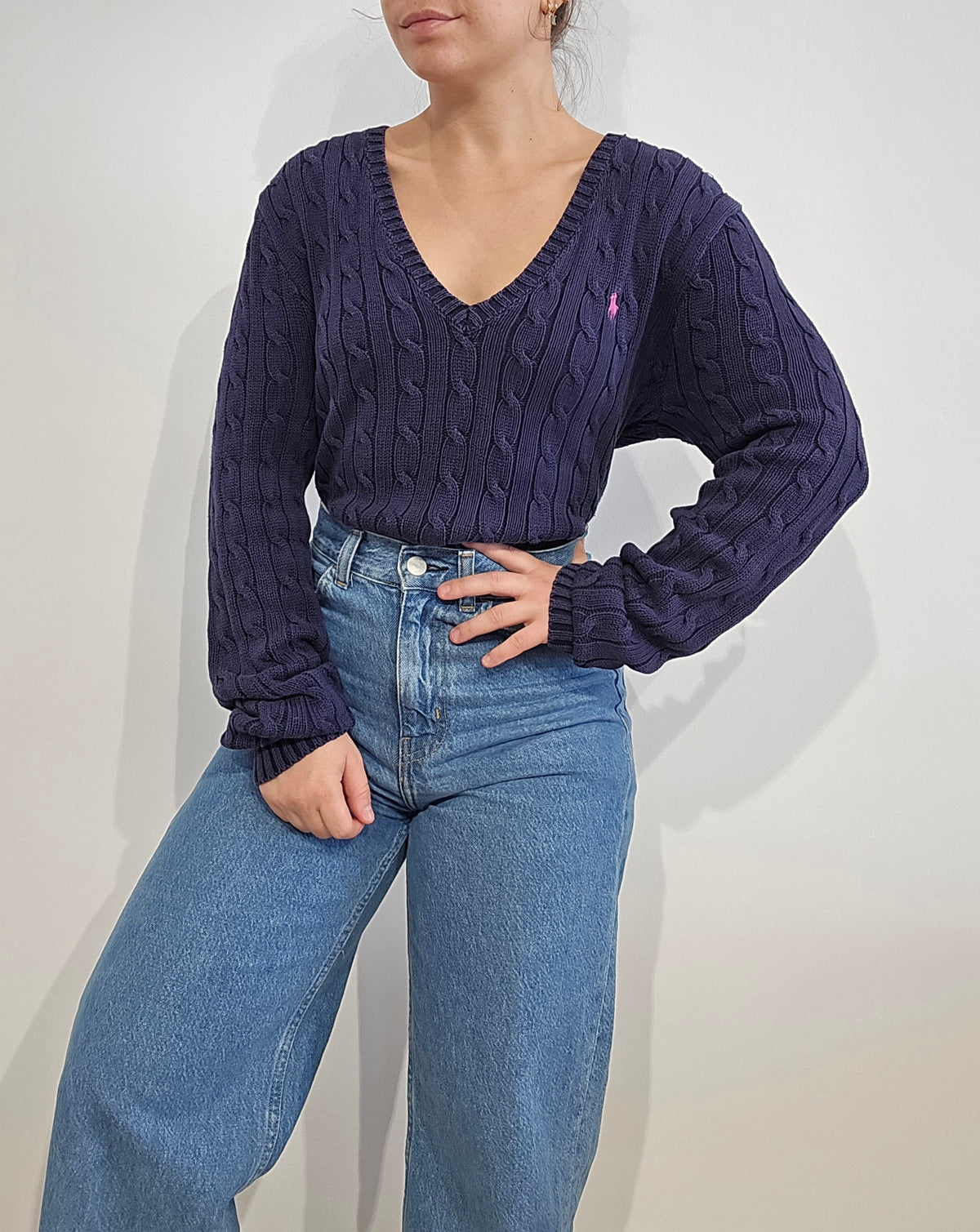 Pull en maille torsadée marine col bateau - L
