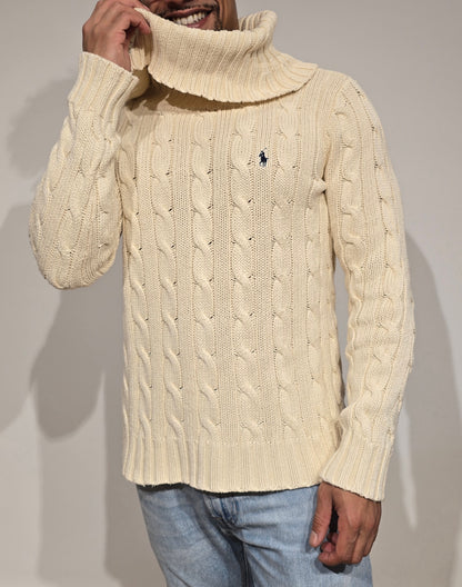 Pull col roulé en maille torsadée crème - M/L