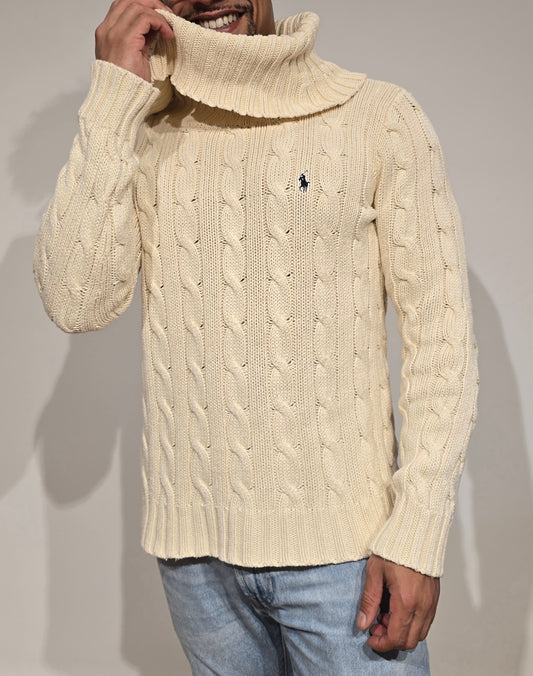 Pull col roulé en maille torsadée crème - M/L