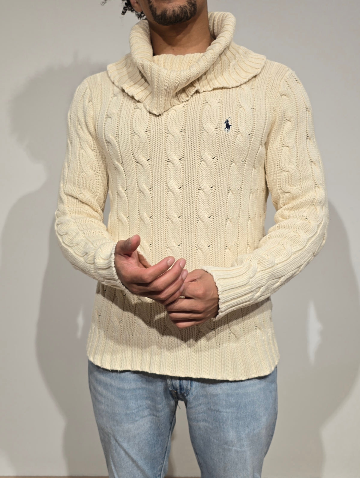 Pull col roulé en maille torsadée crème - M/L