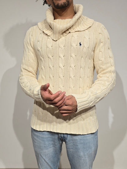 Pull col roulé en maille torsadée crème - M/L
