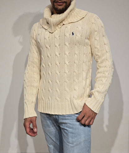 Pull col roulé en maille torsadée crème - M/L