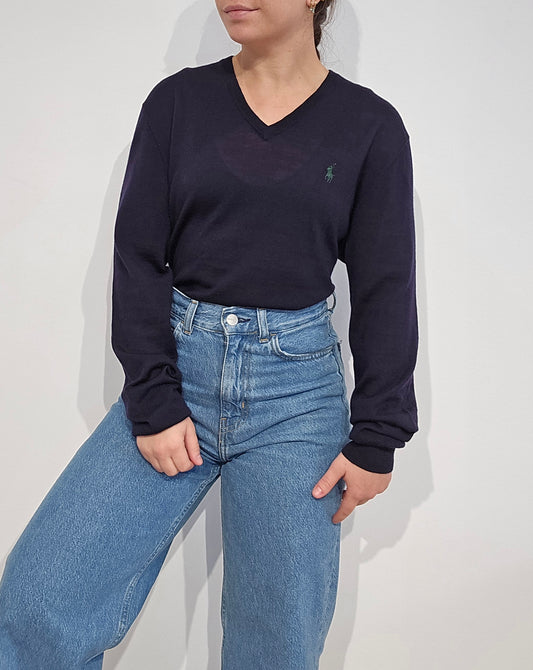 Pull col V en laine bleu marine - M
