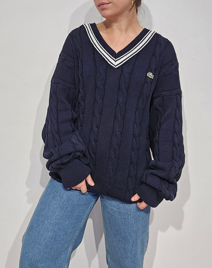 Pull Lacoste col V marine vintage – maille torsadée épaisse, liseré blanc, années 90 - XXL