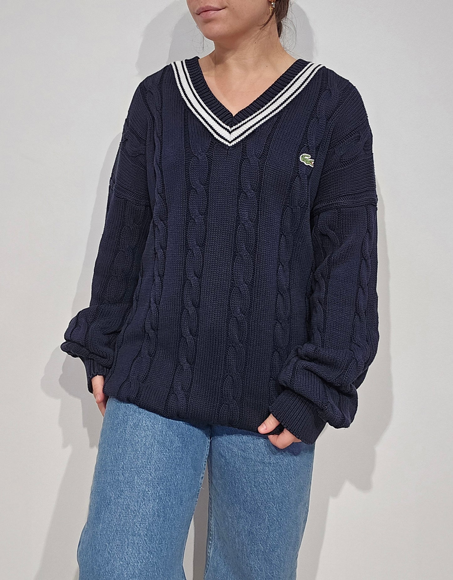 Pull Lacoste col V marine vintage – maille torsadée épaisse, liseré blanc, années 90 - XXL