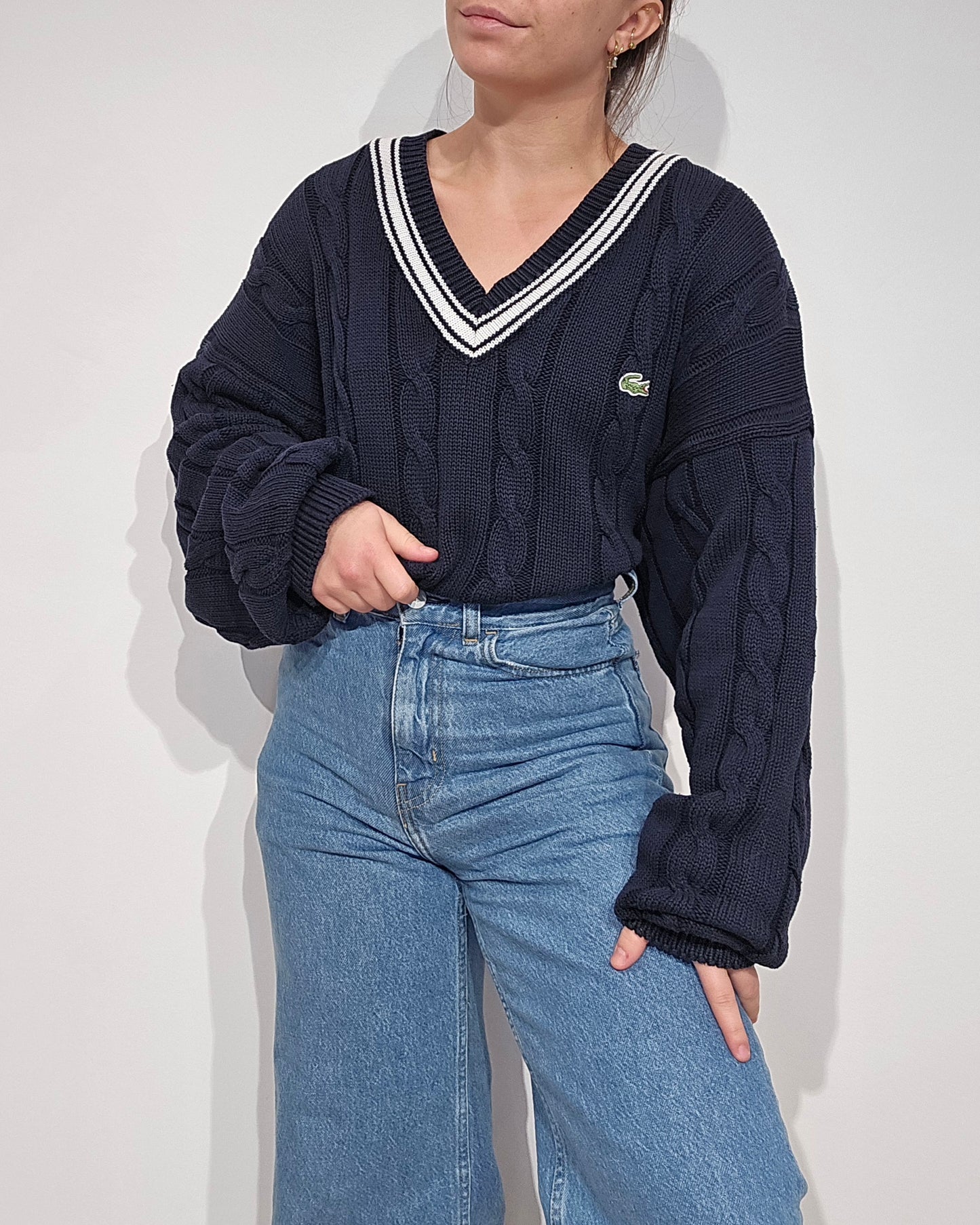 Pull Lacoste col V marine vintage – maille torsadée épaisse, liseré blanc, années 90 - XXL