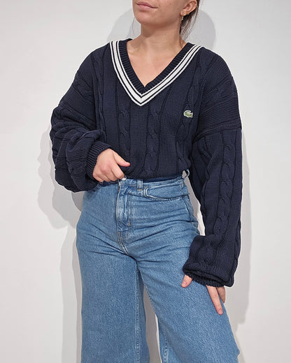 Pull Lacoste col V marine vintage – maille torsadée épaisse, liseré blanc, années 90 - XXL