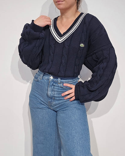 Pull Lacoste col V marine vintage – maille torsadée épaisse, liseré blanc, années 90 - XXL