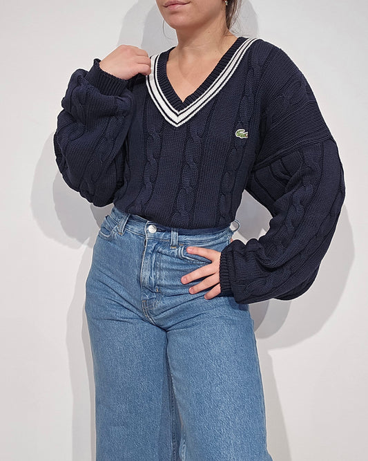Pull Lacoste col V marine vintage – maille torsadée épaisse, liseré blanc, années 90 - XXL