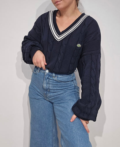 Pull Lacoste col V marine vintage – maille torsadée épaisse, liseré blanc, années 90 - XXL