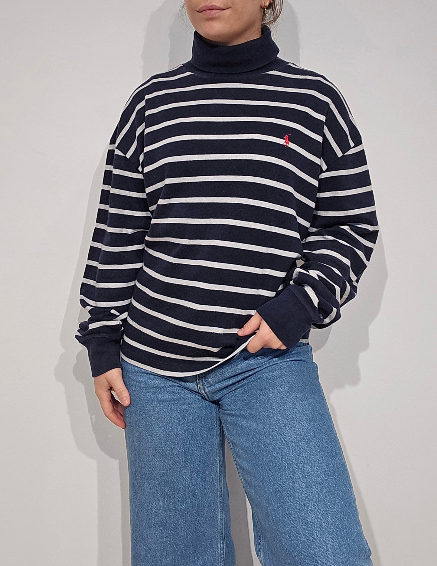 Pull col roulé banc marinière - L