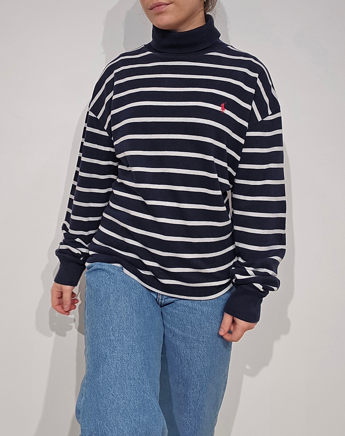 Pull col roulé banc marinière - L