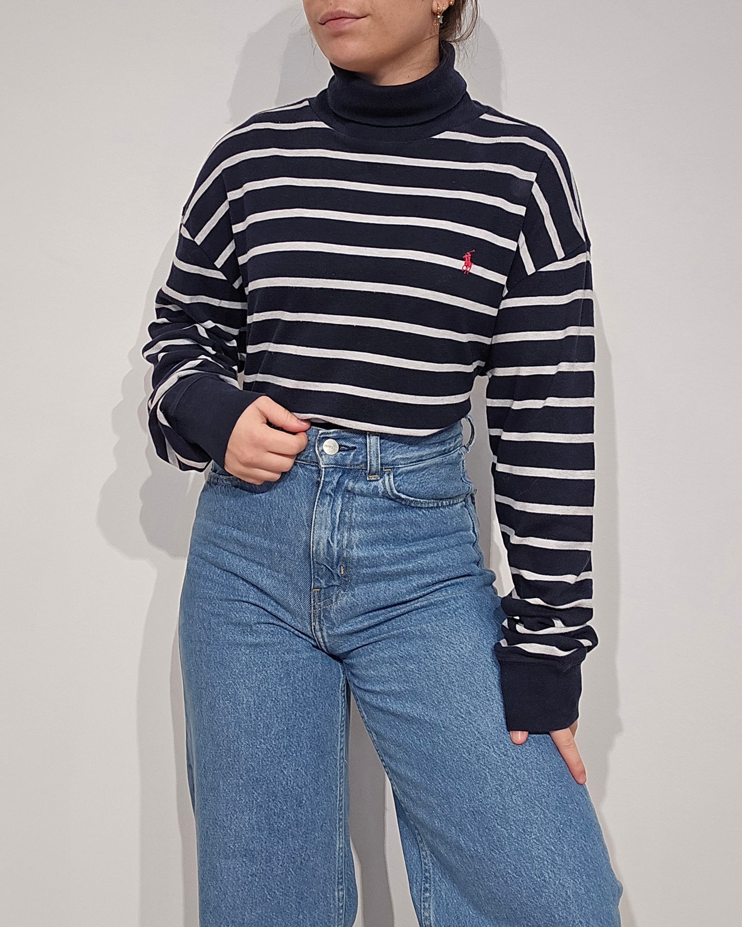 Pull col roulé banc marinière - L