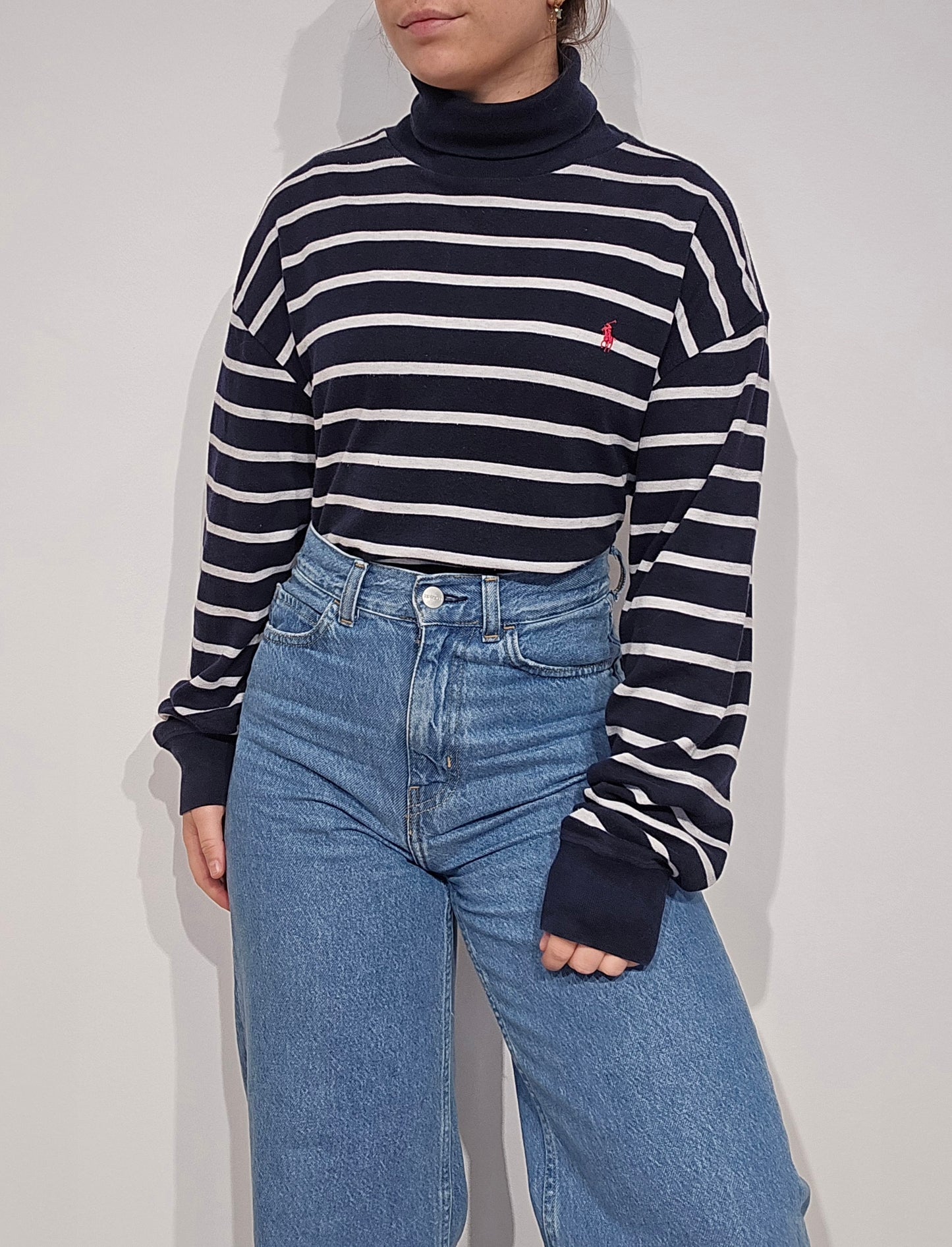 Pull col roulé banc marinière - L