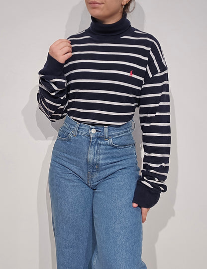 Pull col roulé banc marinière - L