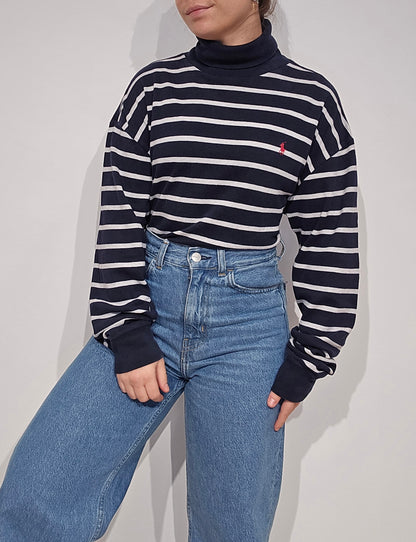 Pull col roulé banc marinière - L
