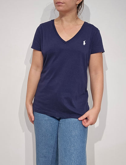 Tee-shirt Ralph Lauren col V marine, coton de qualité - S/M