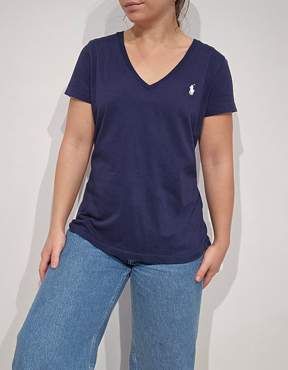 Tee-shirt Ralph Lauren col V marine, coton de qualité - S/M