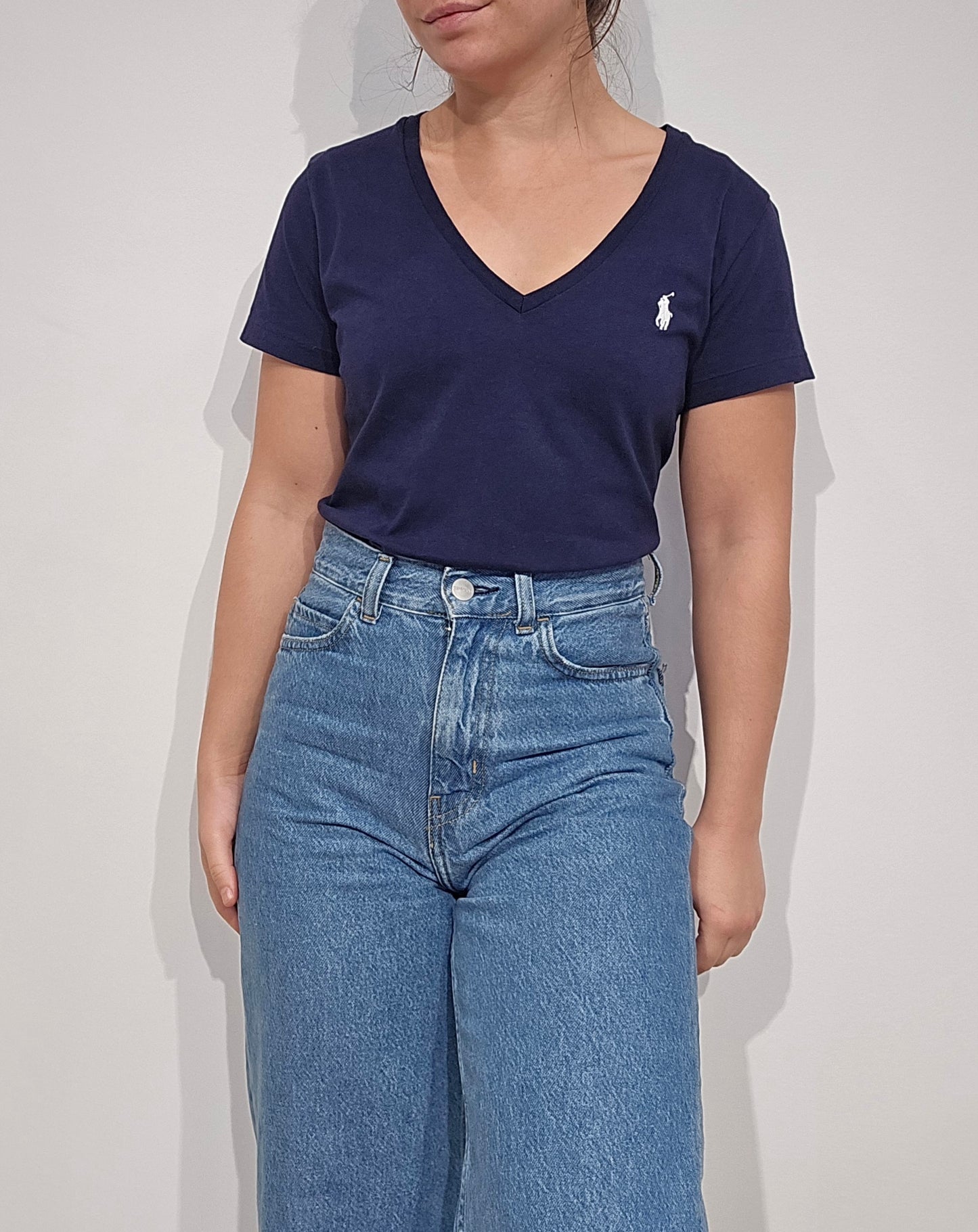 Tee-shirt Ralph Lauren col V marine, coton de qualité - S/M