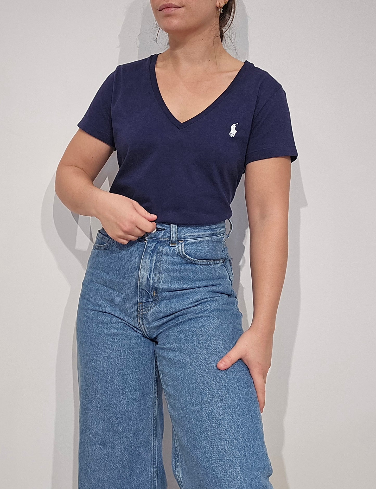 Tee-shirt Ralph Lauren col V marine, coton de qualité - S/M