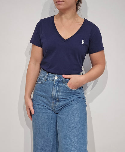 Tee-shirt Ralph Lauren col V marine, coton de qualité - S/M