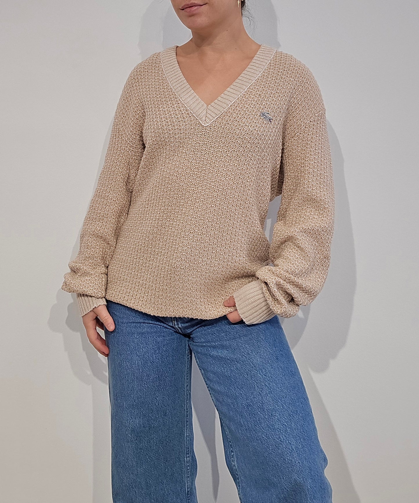Pull made in France col V en maille piquée marron des années 80' - M