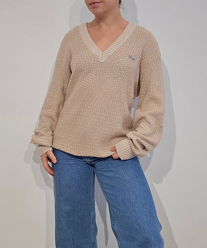 Pull made in France col V en maille piquée marron des années 80' - M