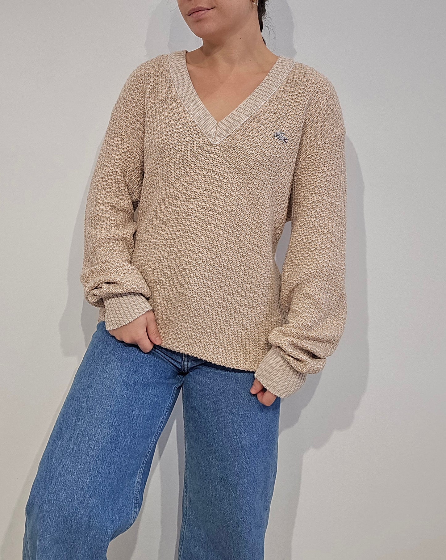 Pull made in France col V en maille piquée marron des années 80' - M