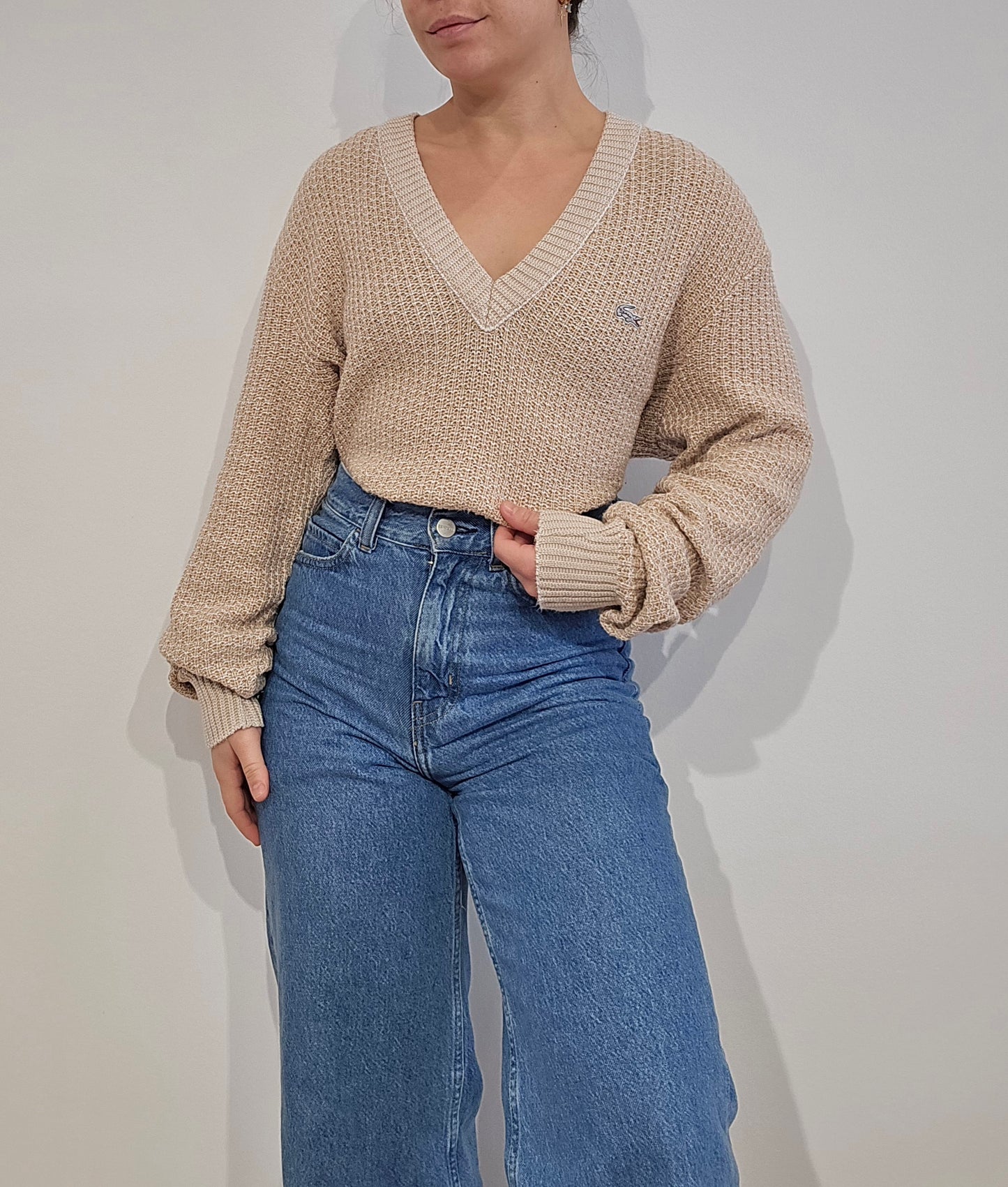 Pull made in France col V en maille piquée marron des années 80' - M
