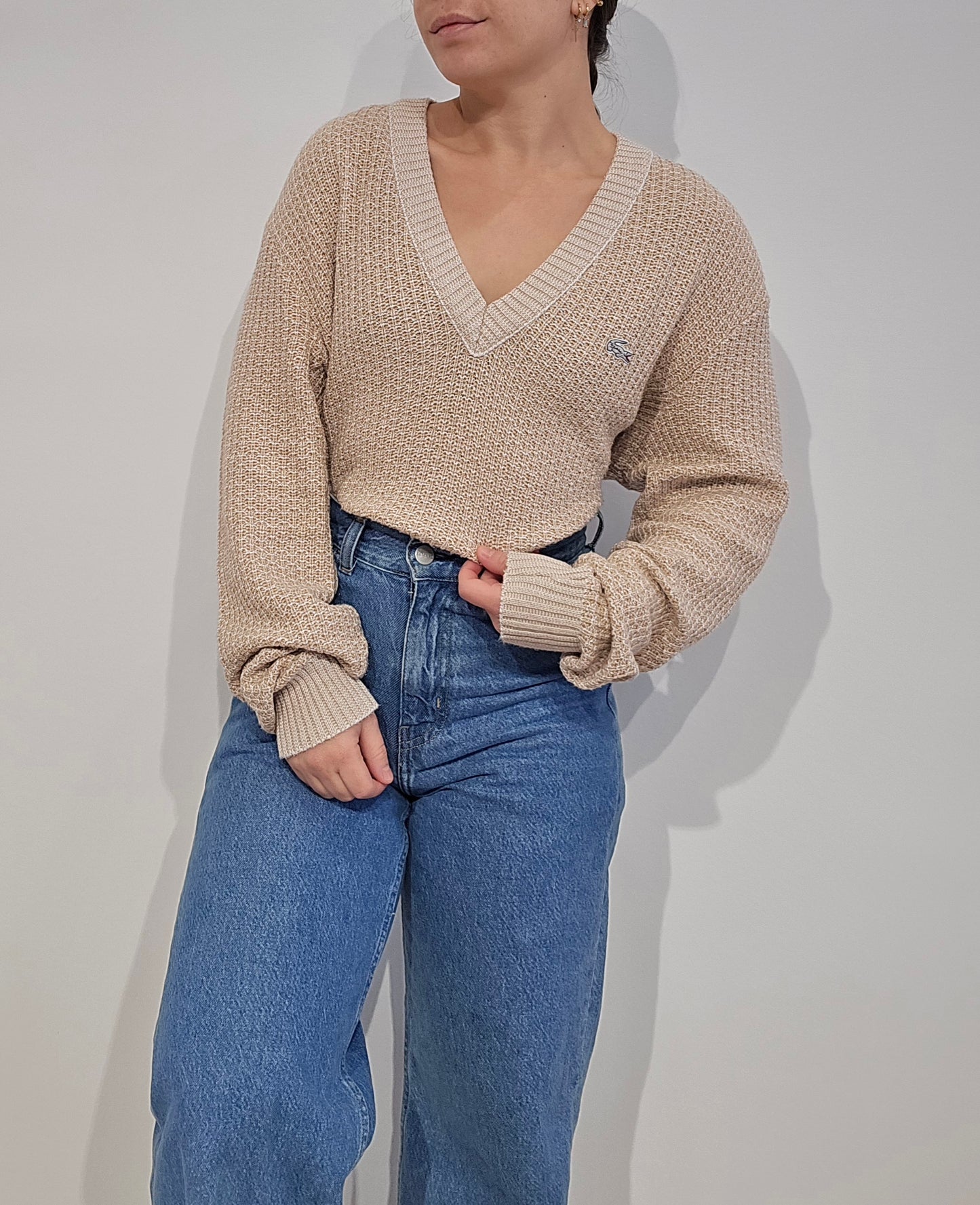 Pull made in France col V en maille piquée marron des années 80' - M