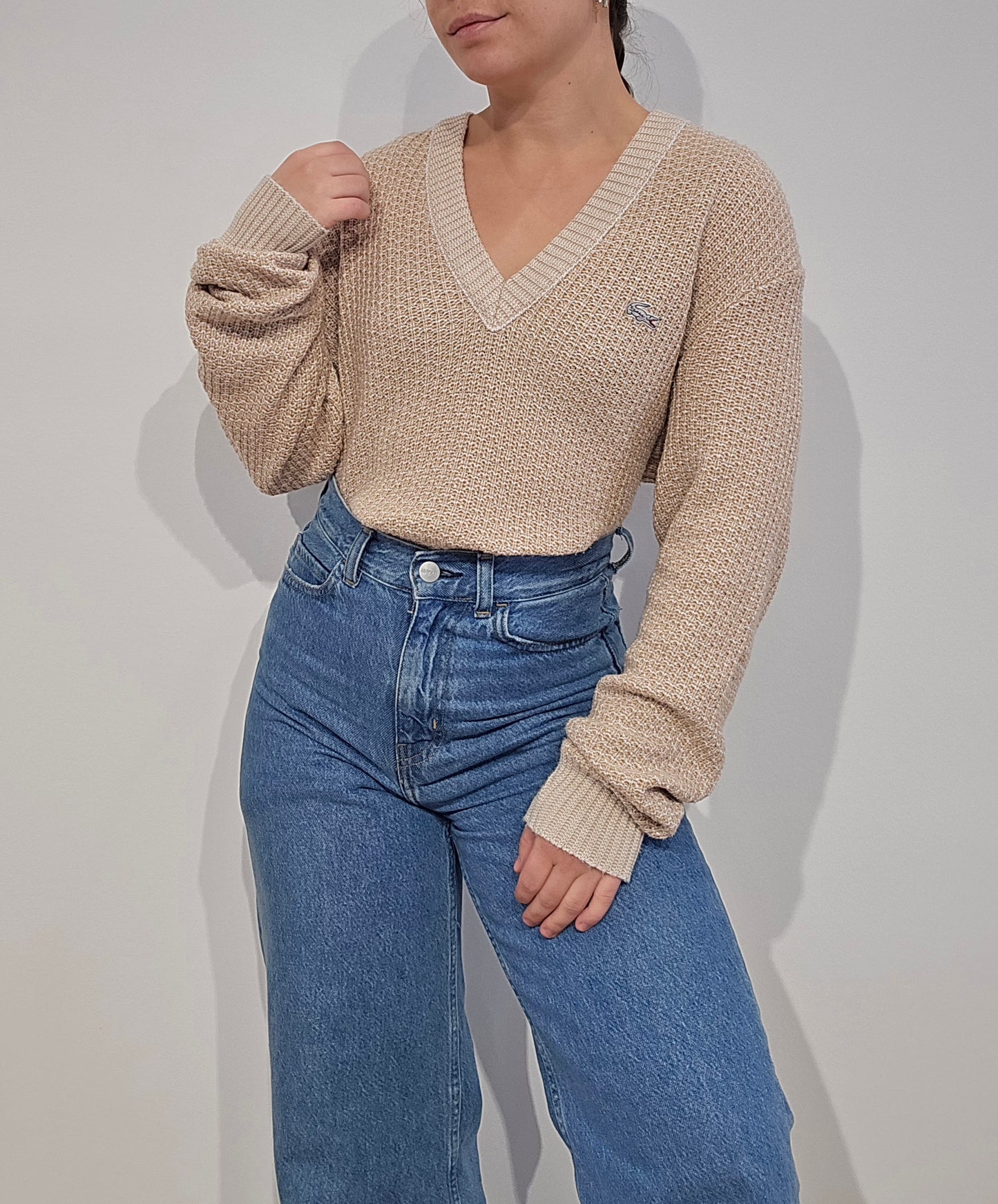 Pull made in France col V en maille piquée marron des années 80' - M