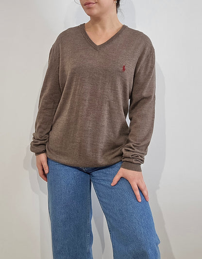 Pull col V en laine marron - S/M
