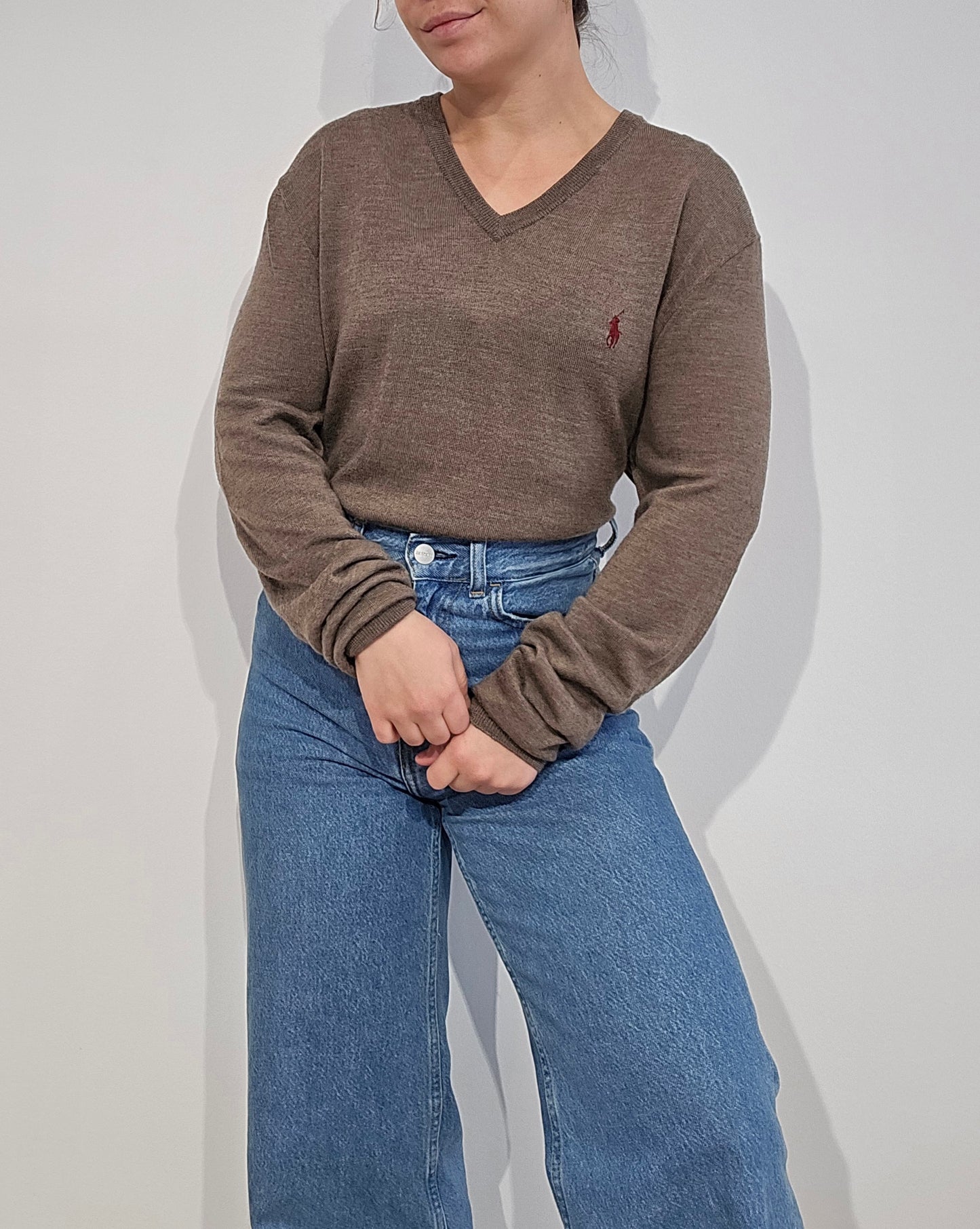 Pull col V en laine marron - S/M