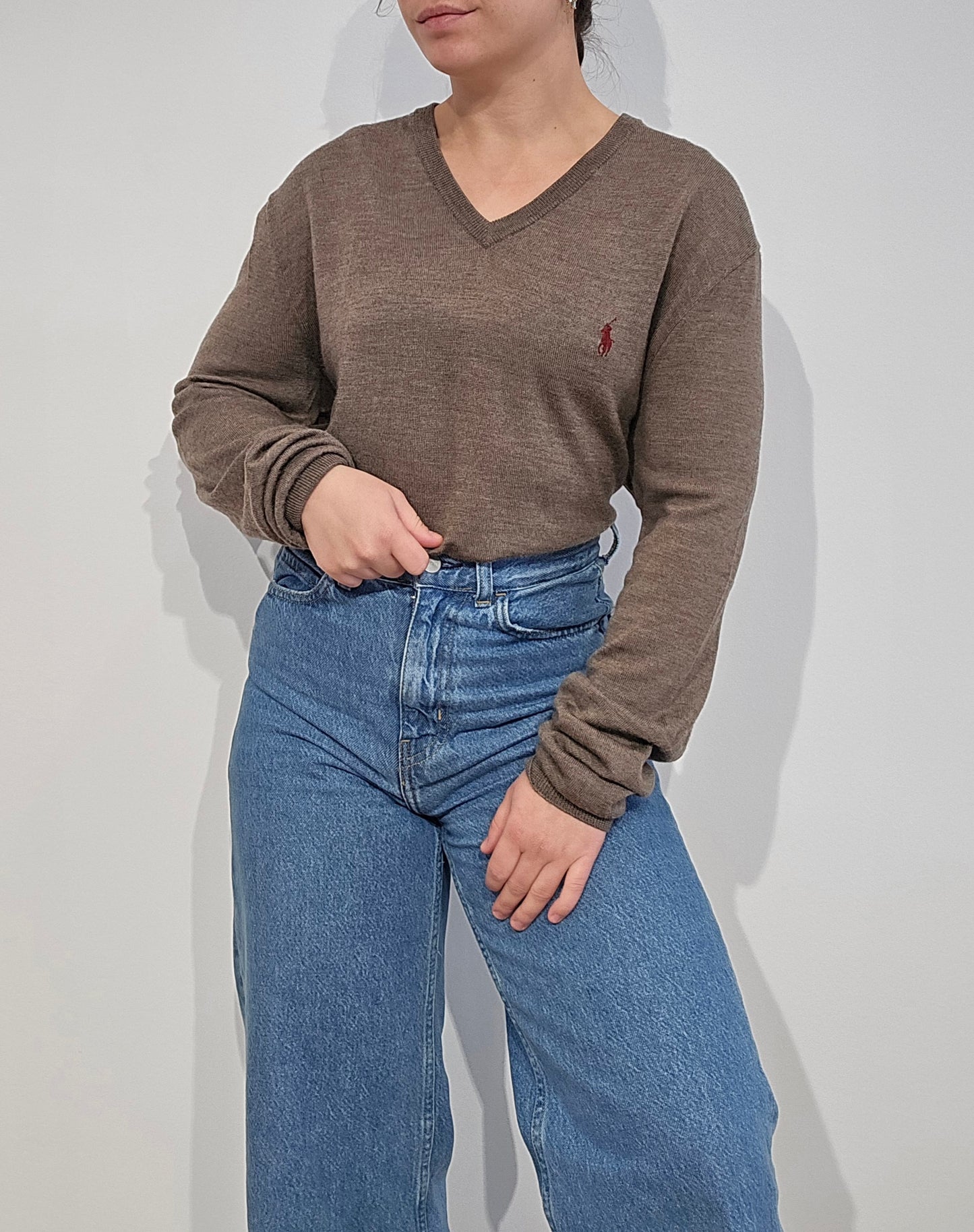 Pull col V en laine marron - S/M