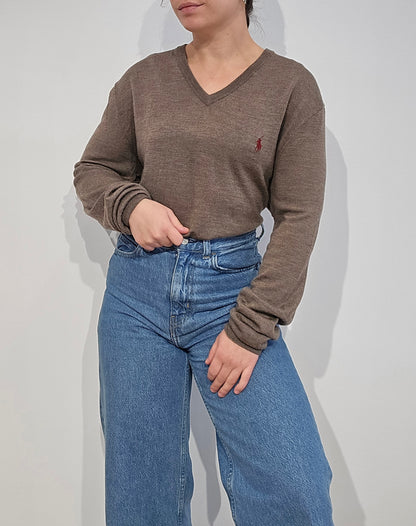 Pull col V en laine marron - S/M