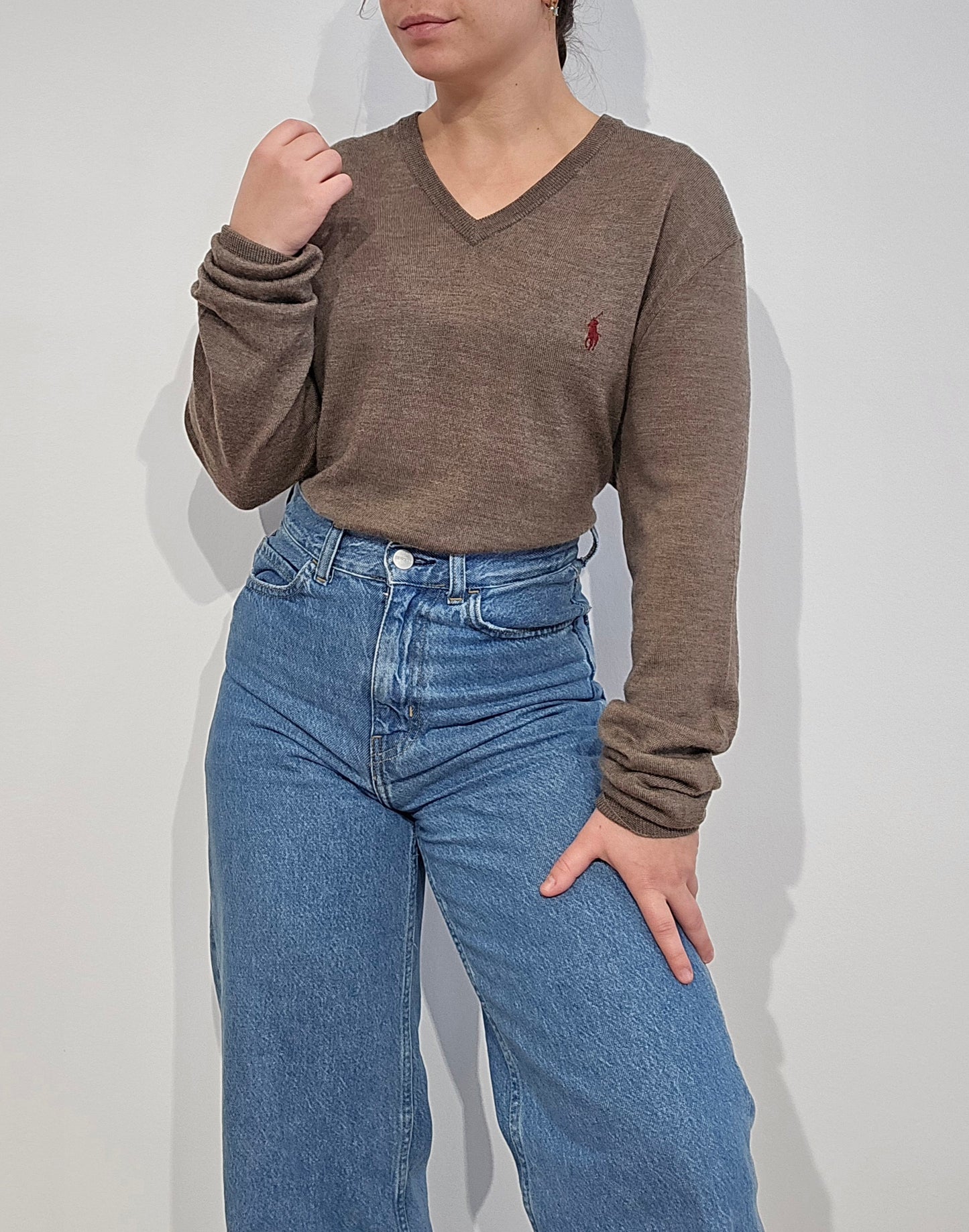 Pull col V en laine marron - S/M