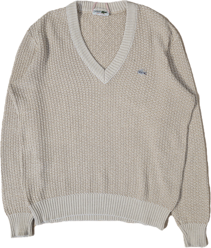 Pull made in France col V en maille piquée marron des années 80' - M