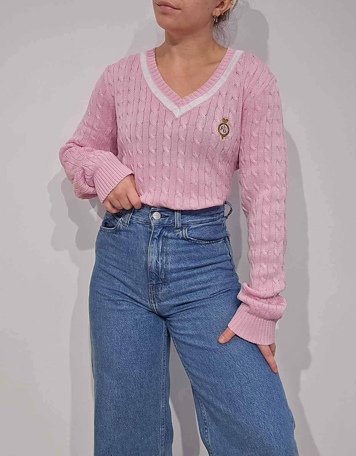 Pull torsadé rose vintage - M