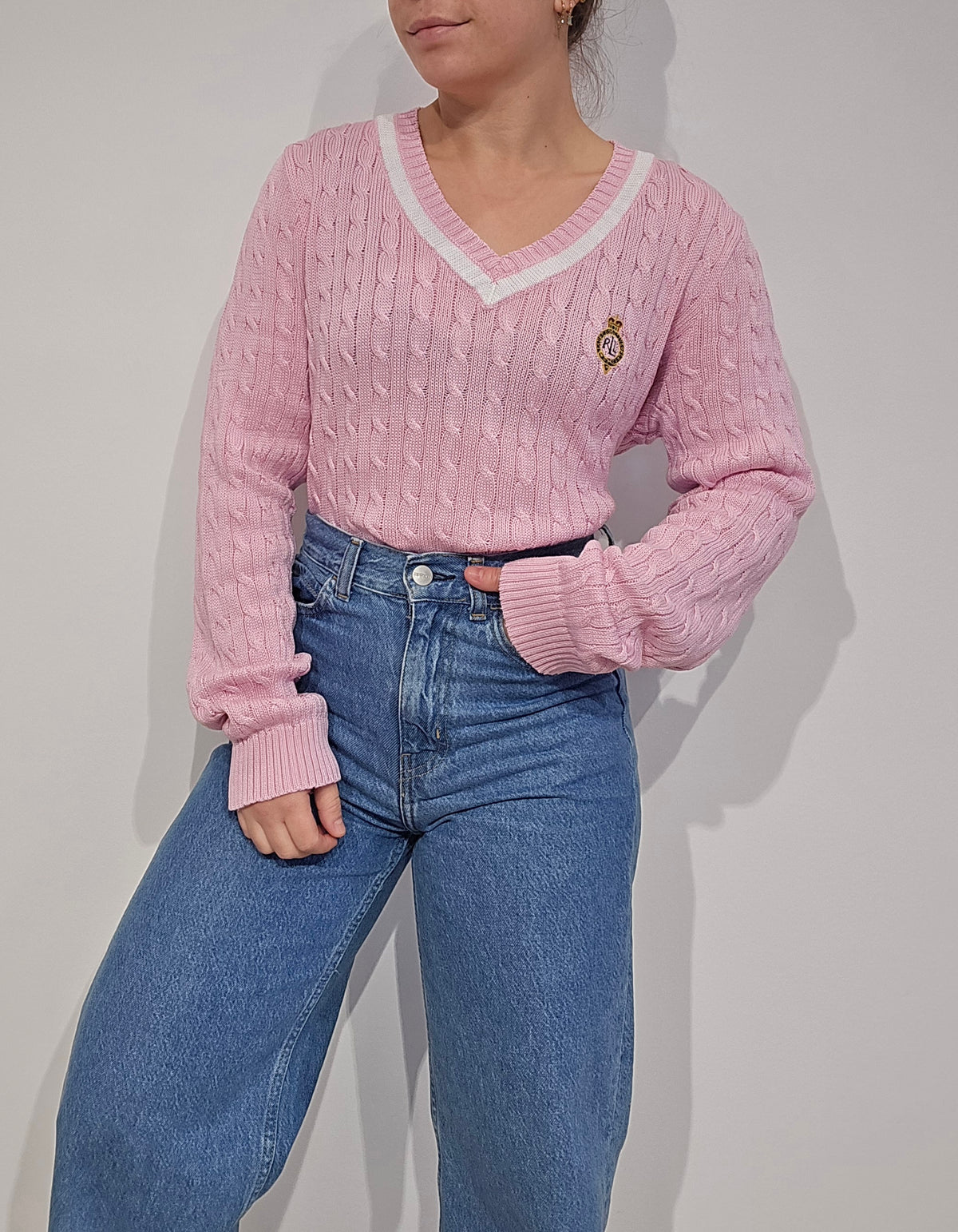 Pull torsadé rose vintage - M