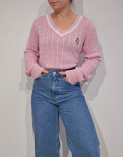 Pull torsadé rose vintage - M