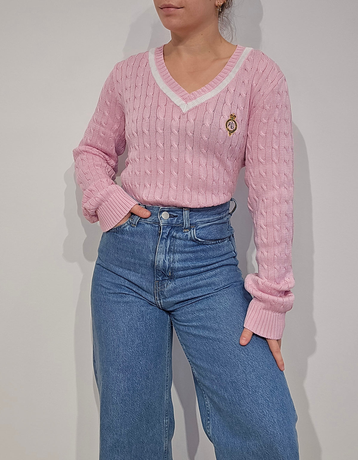 Pull torsadé rose vintage - M