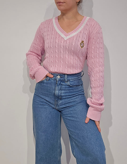 Pull torsadé rose vintage - M