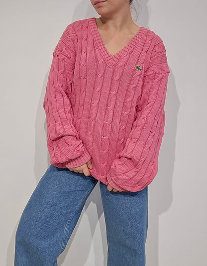 Pull torsadé col V rose Fabriqué en France - L/XL