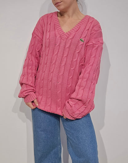Pull torsadé col V rose Fabriqué en France - L/XL