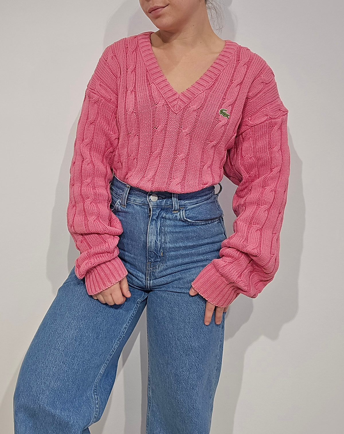 Pull torsadé col V rose Fabriqué en France - L/XL