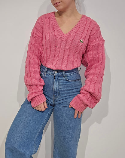 Pull torsadé col V rose Fabriqué en France - L/XL