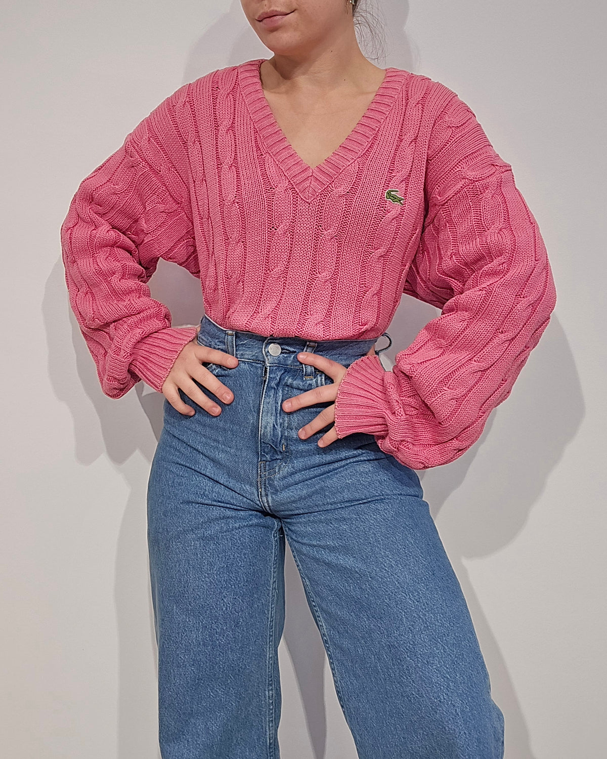 Pull torsadé col V rose Fabriqué en France - L/XL