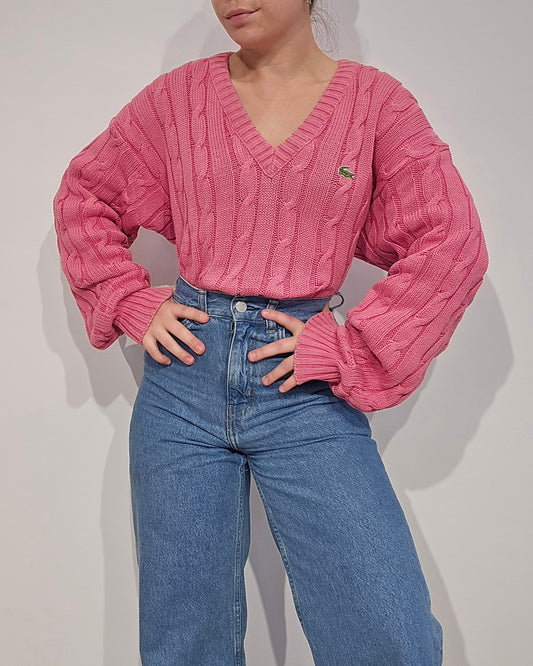 Pull torsadé col V rose Fabriqué en France - L/XL